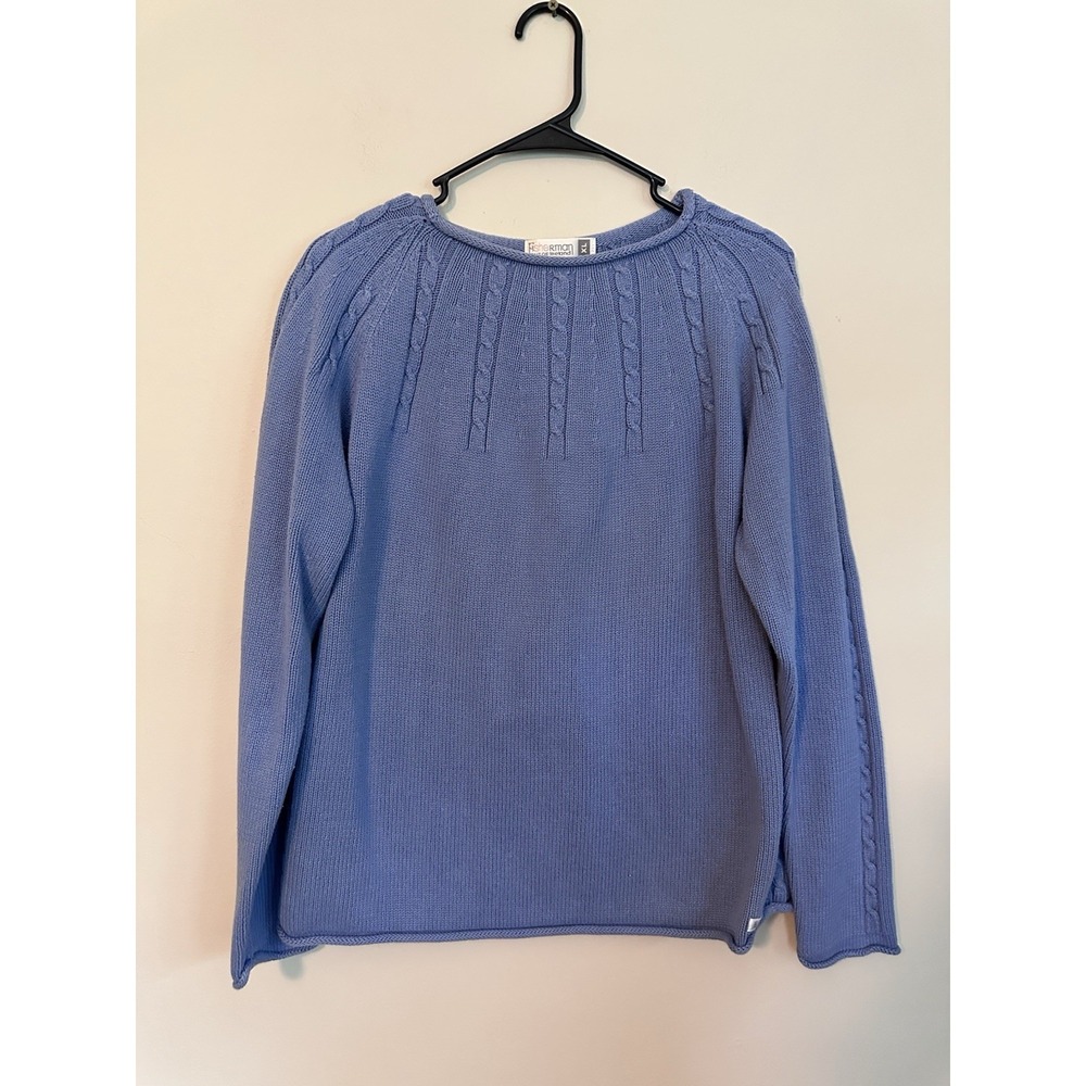 Fisherman Out of Ireland 100% Cotton Periwinkle‎ Cableknit Boatneck Sweater XL